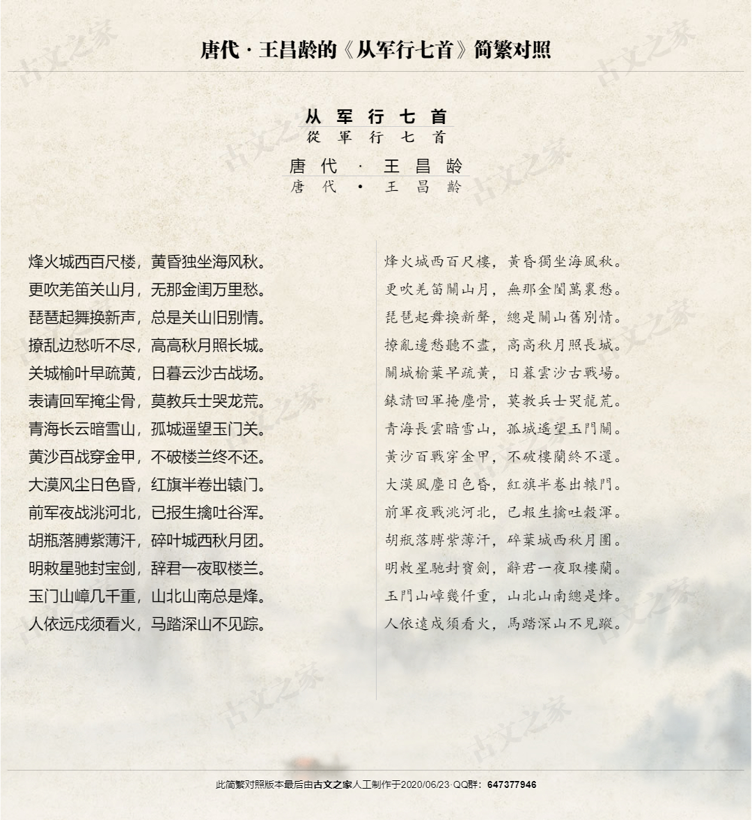 从军行七首 繁体版全文 王昌龄 古文之家 从军行七首 繁体版全文 王昌龄 古文之家